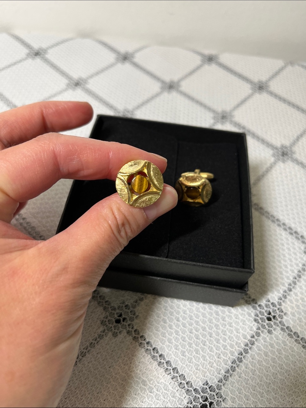 Vintage Gold Tone Cuff Links with Amber Center Stones - Picture 3 of 4